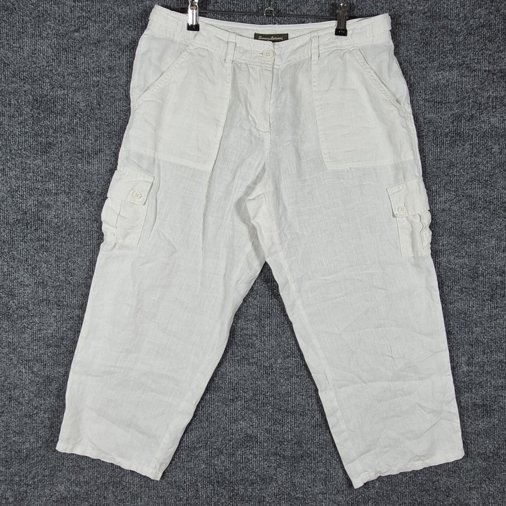 Tommy Bahama Women's 100% Linen Cargo Pants Size 8 Cropped White